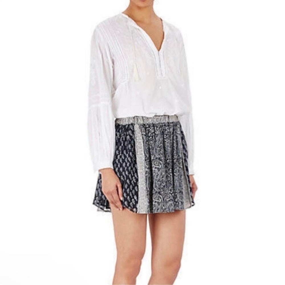 ULLA JOHNSON Remy Mini Skirt Women 2 Black Blue White Silk Print Patchwork Boho